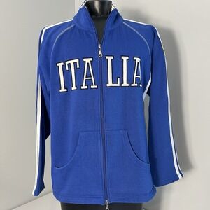 Italia Mens Blue Sweater Size XL Full Zip Mock Neck FM Italy Striped Pockets